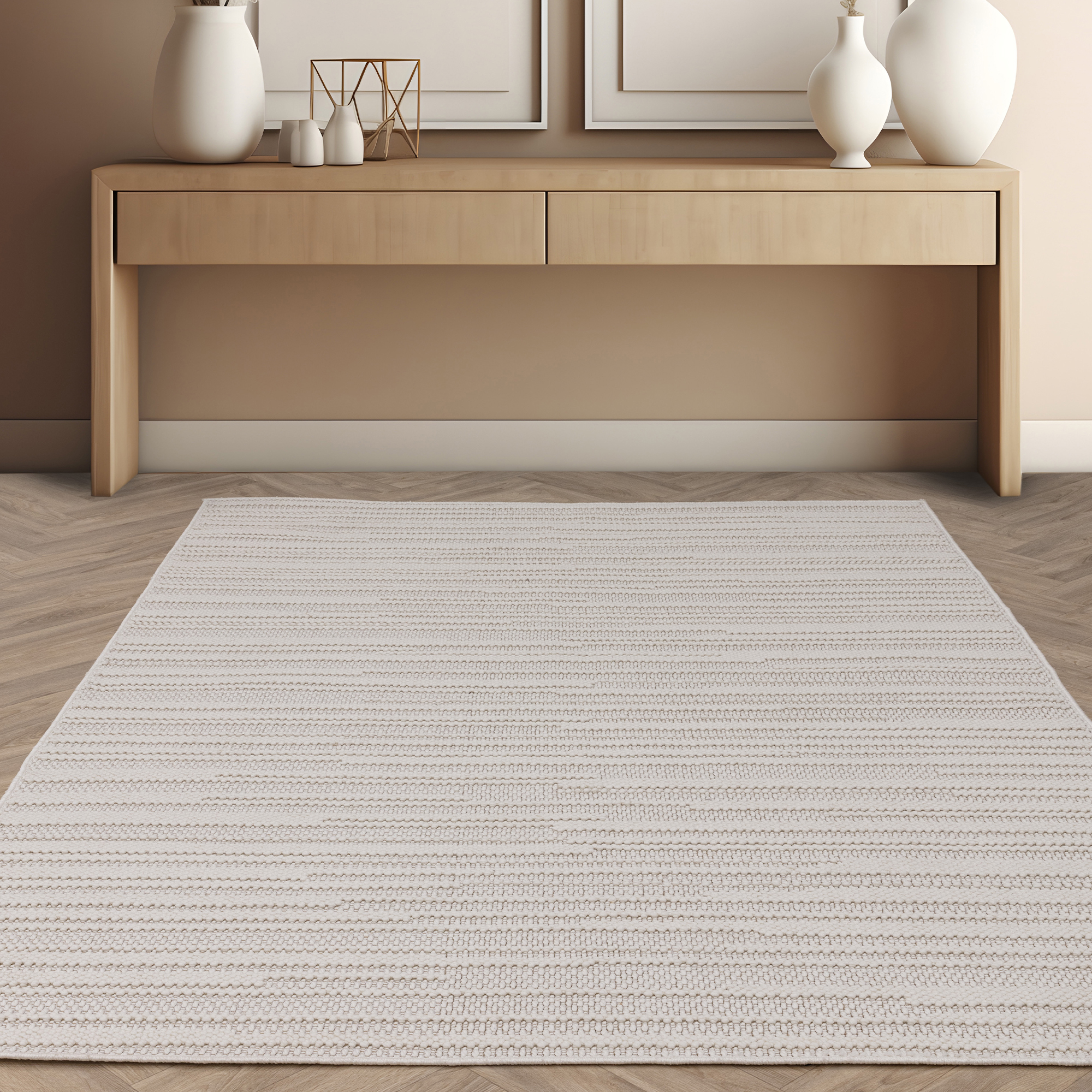 Camber Stripe Modern Textured Rugs In Ivory White